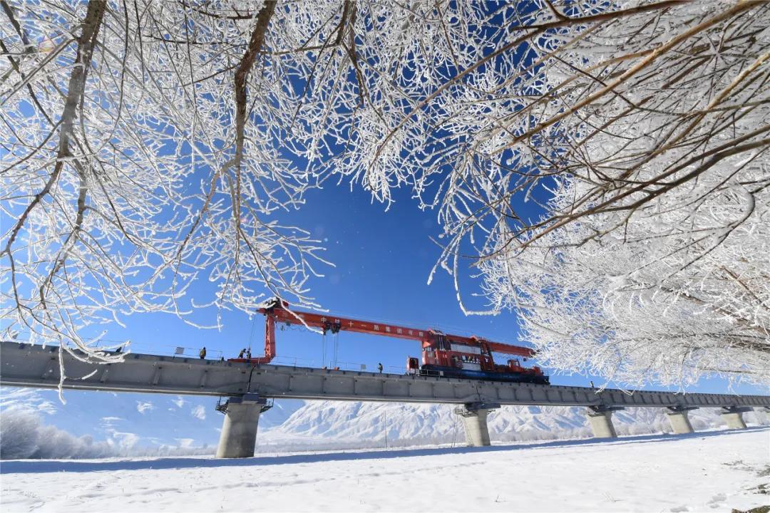 據悉，拉林鐵路自2017年10月19日開始鋪架以來，全線有1200多人參建，中鐵十一局集團創新開發的“視頻領航”、實時監控、列車報警、隧道內機車定位等功能極大的保證了運輸安全，為同類型鐵路積累了長大隧道群鋪架施工的寶貴經驗。圖為施工人員冒著風雪進行鋪架作業。