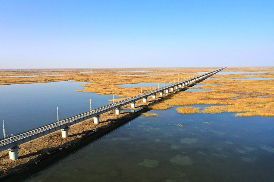 12月9日，由中國鐵建所屬鐵一院勘察設計，中鐵十二局、中鐵十五局、中鐵十六局、中鐵十七局、中鐵二十一局、中鐵二十二局、中鐵建電氣化局參建的新建格爾木至庫爾勒鐵路（以下簡稱格庫鐵路）全線通車，這是繼本月6日阿富準鐵路開通之后，短短四天之內新疆開通的第二條長大干線。圖為臺特瑪湖大橋。