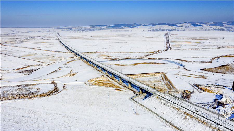 11月30日上午，在素有“中國冬奧冠軍之鄉”的黑龍江七臺河市境內，中國鐵建所屬中鐵十四局集團和對線施工的鋪軌機組順利“會師”，至此，牡佳高鐵全線鋪通，標志著我國在建最東高寒高鐵建設取得重大進展。圖為牡佳高鐵七虎力特大橋。