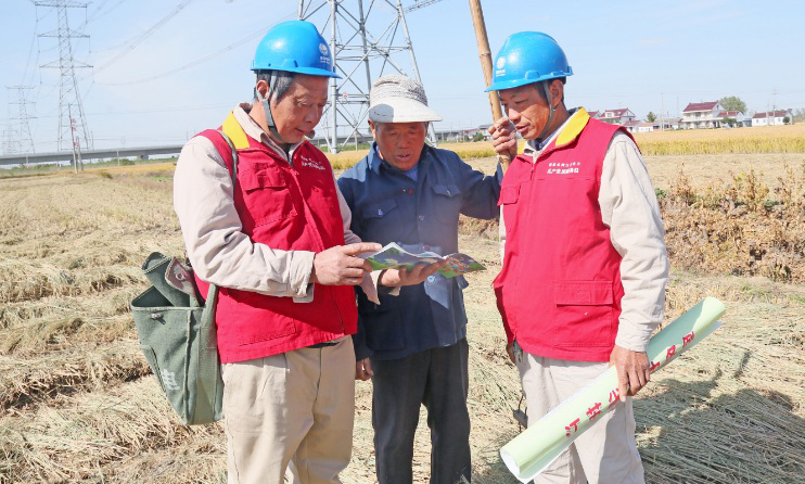 11月3日，江蘇鹽城東臺市供電公司“金海星”共產黨員服務隊隊員劉友濤、王克慶特巡東臺市富安鎮九九村境內1000千伏“泰吳線”，向沿線農民宣傳“電力設施保護條例”，提醒居民不要在特高壓沿線防護區內做危害電力設施的事，保障電網安全運行，保障中國國際進口博覽會安全供電。