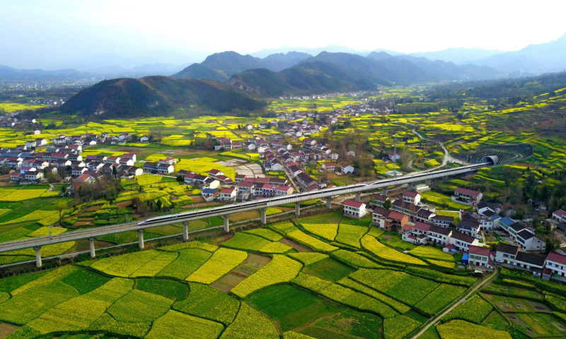 今日春分，多地油菜花競相開放，高鐵列車穿行其中，猶如一幅美麗的風景畫。圖為3月20日，動車組列車行駛在西成高鐵陜西漢中段。新華社發（唐振江 攝）