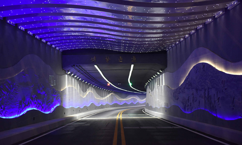 博鰲通道工程位于海南省瓊海市博鰲鎮，起點位于博鰲亞洲論壇成立會址，通道穿越萬泉河，接東嶼島論壇永久會址，穿越海南省著名的萬泉河入?？?。通道工程全長1.45公里，雙向兩車道設計標準，采取一次性圍堰、明挖法施工工序。圖為中國鐵建十八局集團承建的博鰲通道夜景。（楊海剛攝） 