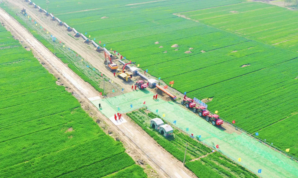 目前，中國石化天然氣分公司中原儲氣庫群東部氣源管道工程建設正在全速推進中。圖為近日拍攝的項目建設現場。