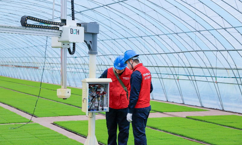 國家電網黑龍江雙鴨山供電公司工作人員為智能育秧中心檢修秧苗噴淋設備。