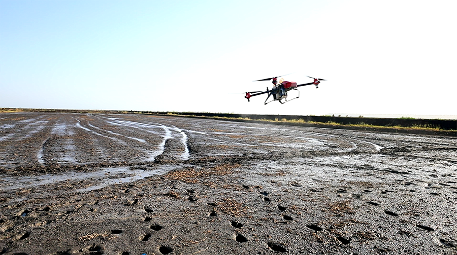 莫桑比克萬寶農業園始建于2011年7月，是目前中國在非洲最大的水稻種植項目，也是中莫兩國產能合作的13個重點項目之一。中鐵二十局在管理期間，將該項目打造成為以大米種植為主、多種糧食及經濟作物種植為輔，集農田開發、糧食生產、倉儲、加工和銷售于一體的綜合性農業產業園。莫桑比克前總統格布扎在考察該項目時高興地將產自此地的大米命名為“好味道”。如今，“好味道”在莫桑比克已成為家喻戶曉的品牌。圖為無人機噴灑農藥。