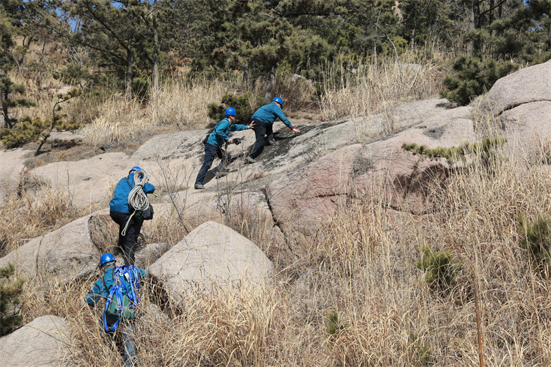 3月16日，山東榮成市供電公司員工對槎山上的電力線路進行特巡。巡線路上，巡檢人員前后照應，保障安全。.jpg